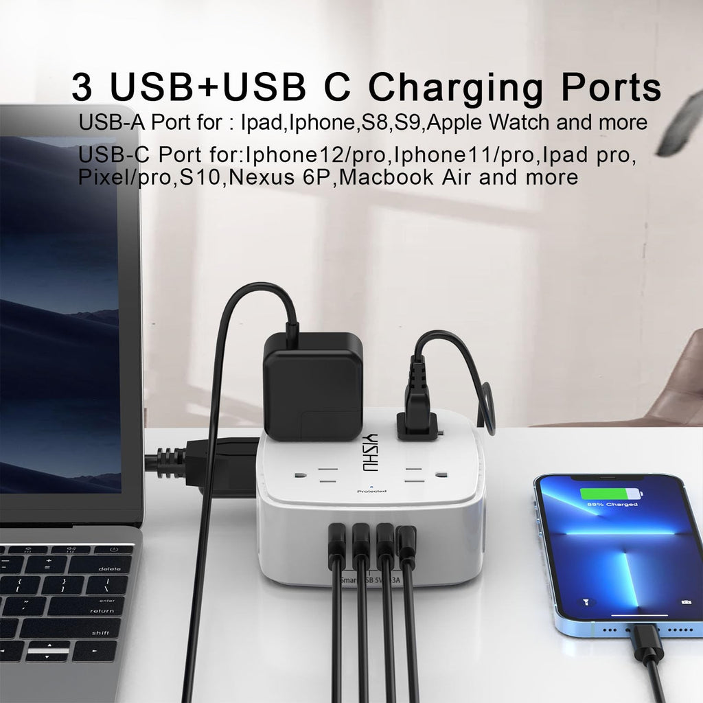 6 Ft Surge Protector Power Strip - 8 Widely Outlets with 4 USB Ports, 3 Side Out