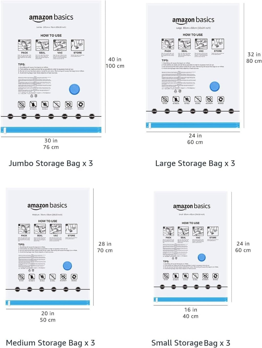 12 Vacuum Storage Bags w/ Hand Pump 3 S/M/L/Jumbo Space Saver Compression