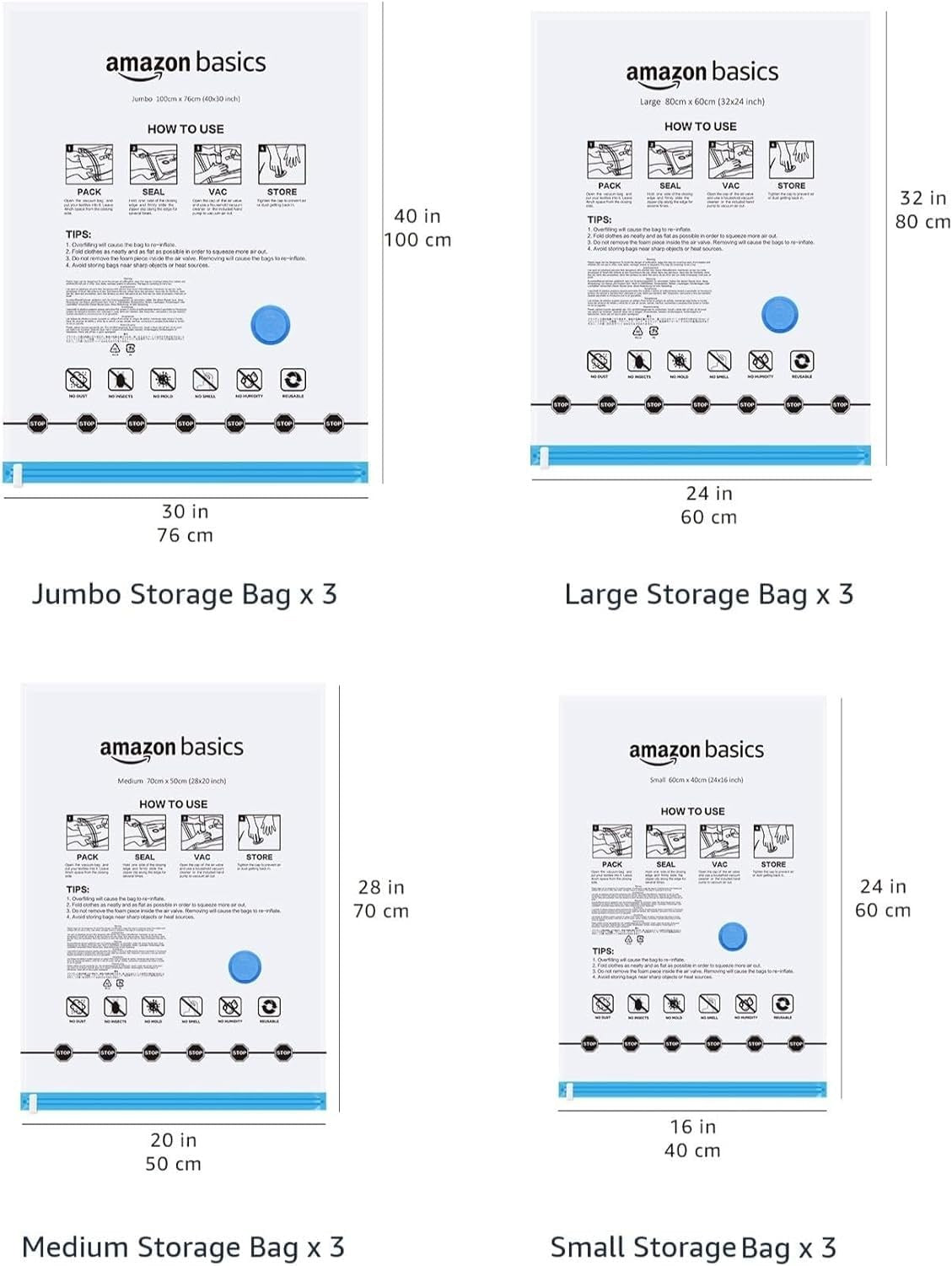 12 Vacuum Storage Bags w/ Hand Pump 3 S/M/L/Jumbo Space Saver Compression