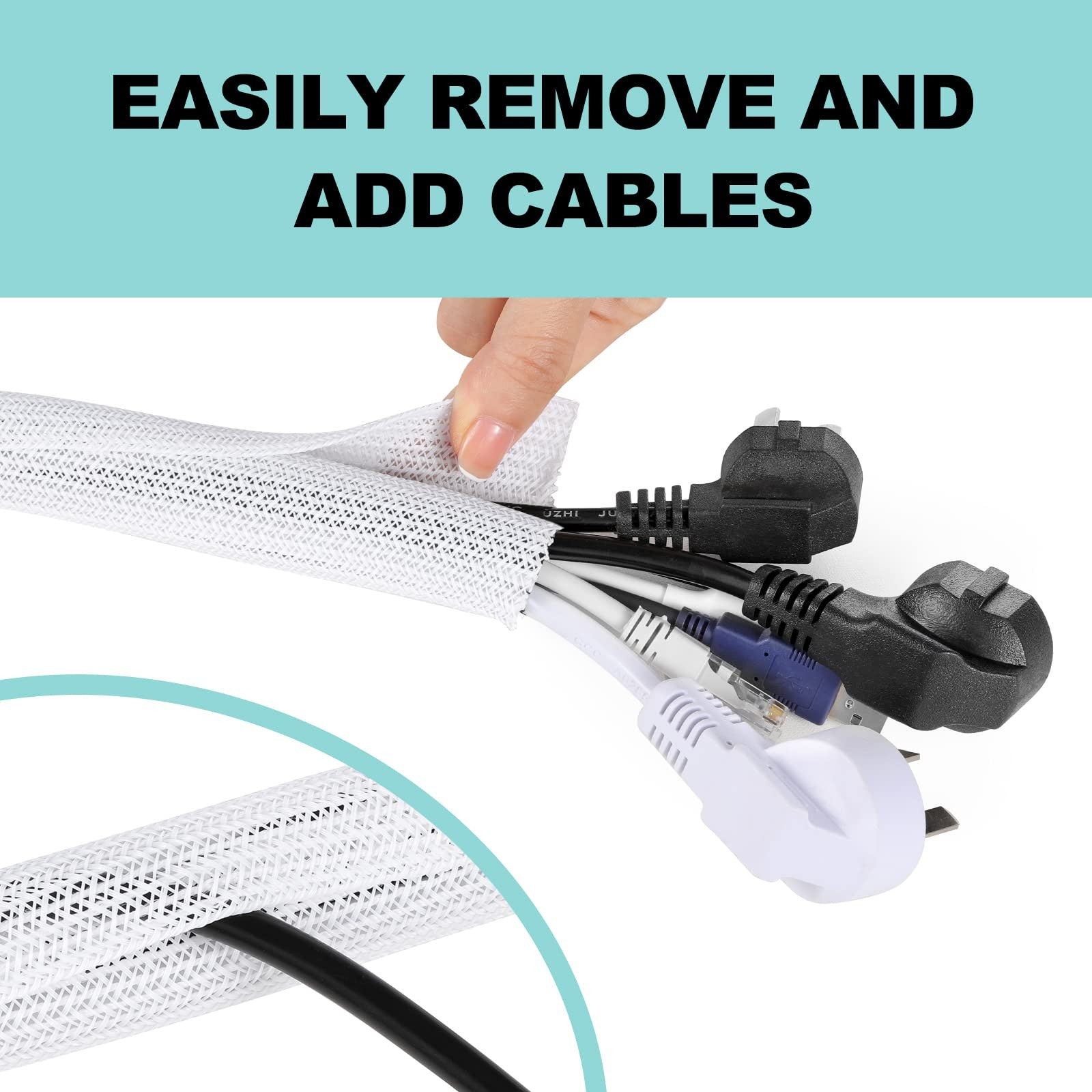 AGPTEK White Cable Sleeve 2 Pack 5ft - 1.2 Inch Cable Management Desk Cord Cover