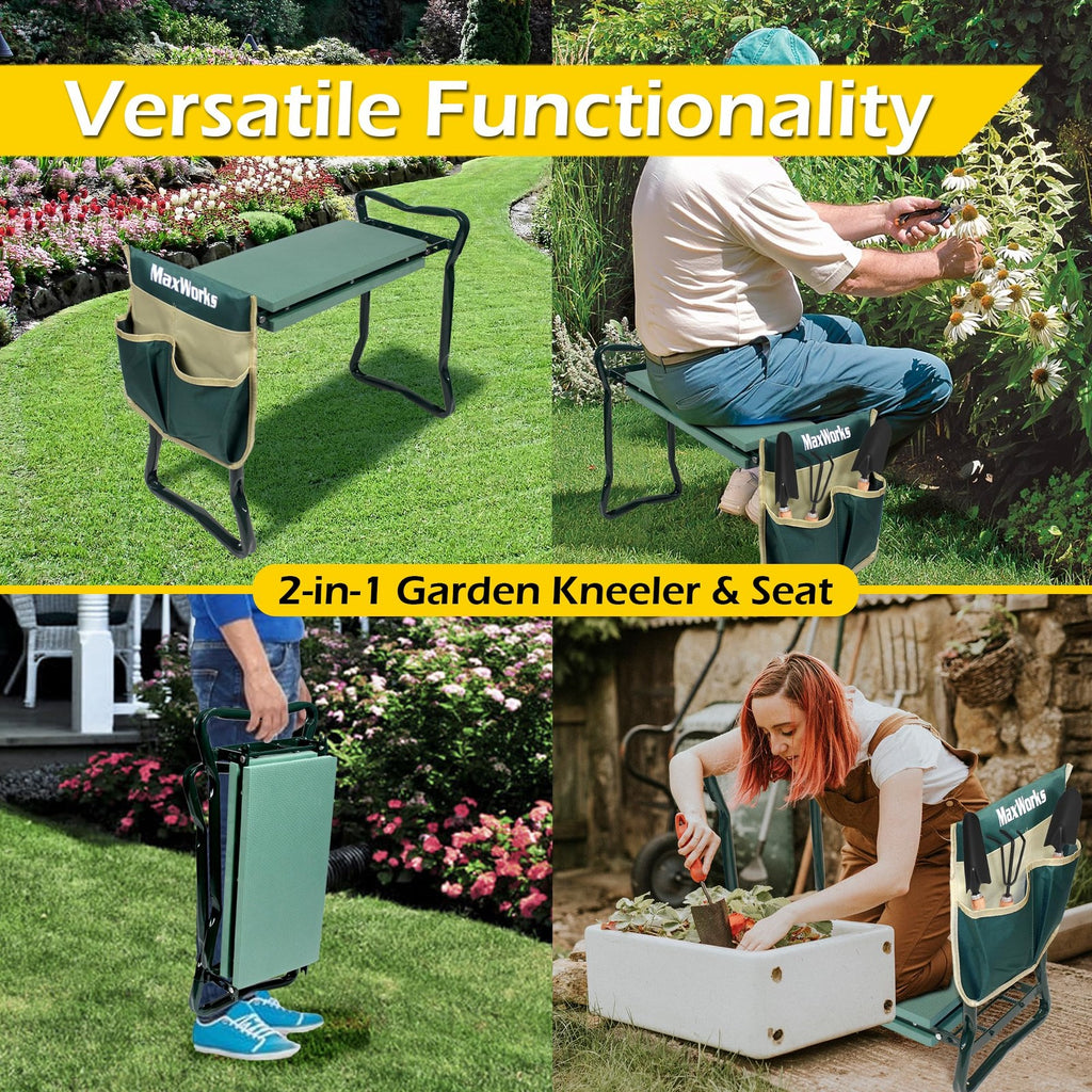 MaxWorks Folding Garden Kneeler & Seat 8" Wide Pad w/ Tool Pouch 330 lb Max