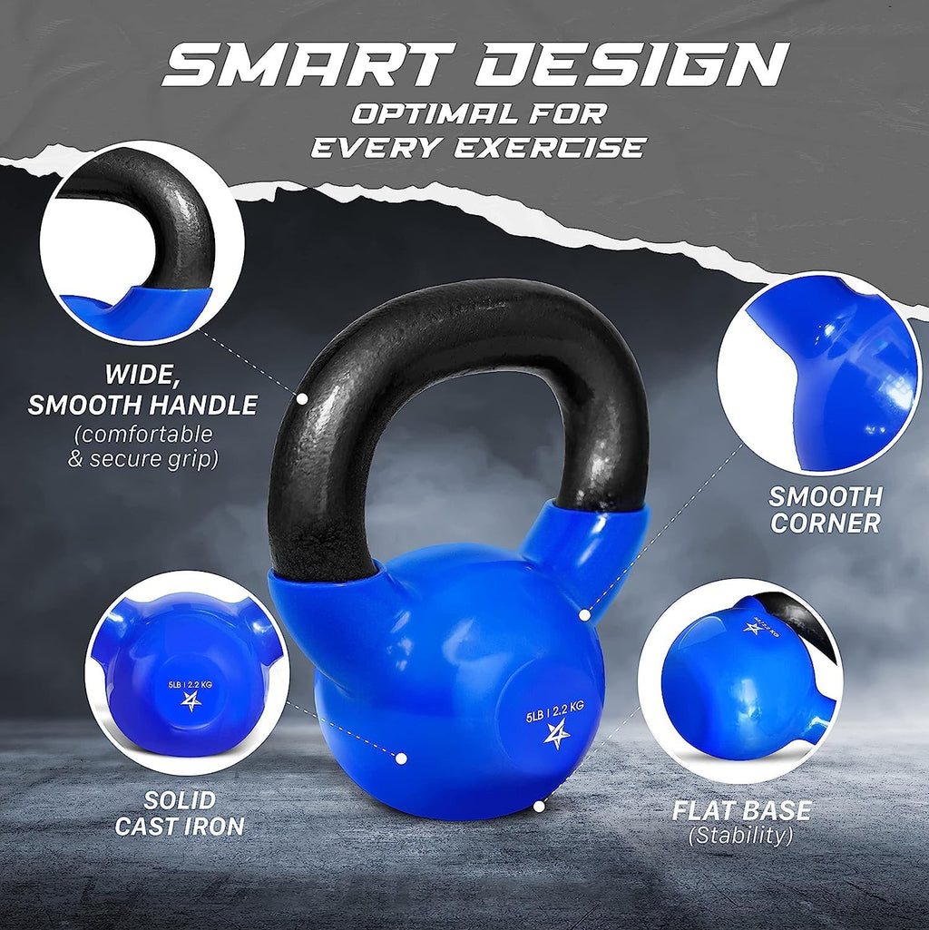 5 lb Vinyl Coated Cast Iron Strength Training Kettlebells for Home Gym Exercises