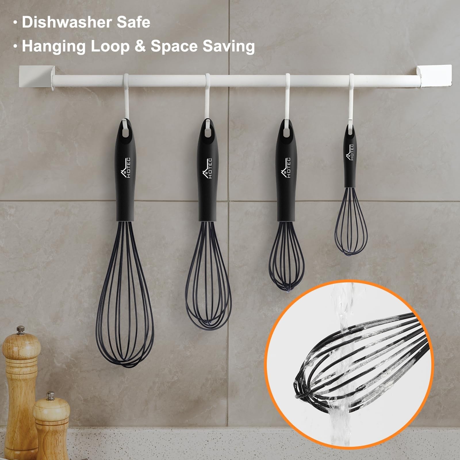 HOTEC 4PC Silicone Whisk Set Heat Resistant Nonstick Safe Kitchen Tools