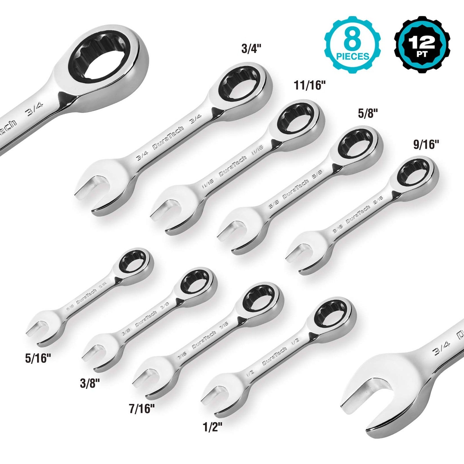 DURATECH 8-Pc SAE Stubby Ratcheting Wrench Set 5/16"-3/4" CR-V w/ Roll Pouch