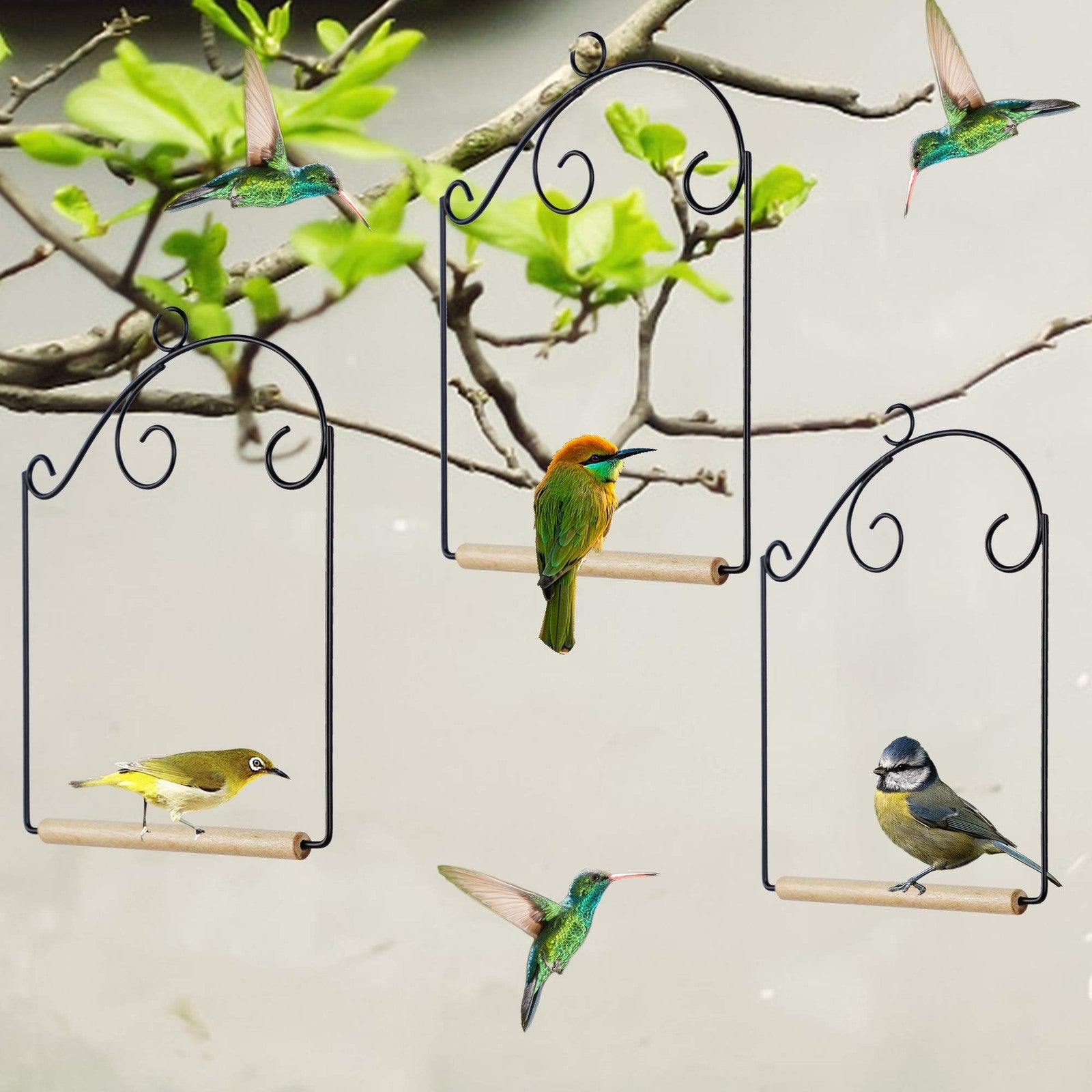 Winemana 3PC Hummingbird Swing 7.5x5.6in Metal Frame Wood Dowel