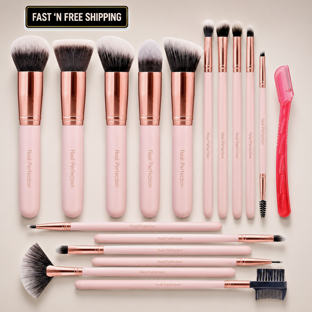Real Perfection Makeup Brush Set 16 Pcs with 1 Eyebrow Razor Premium Synthetic