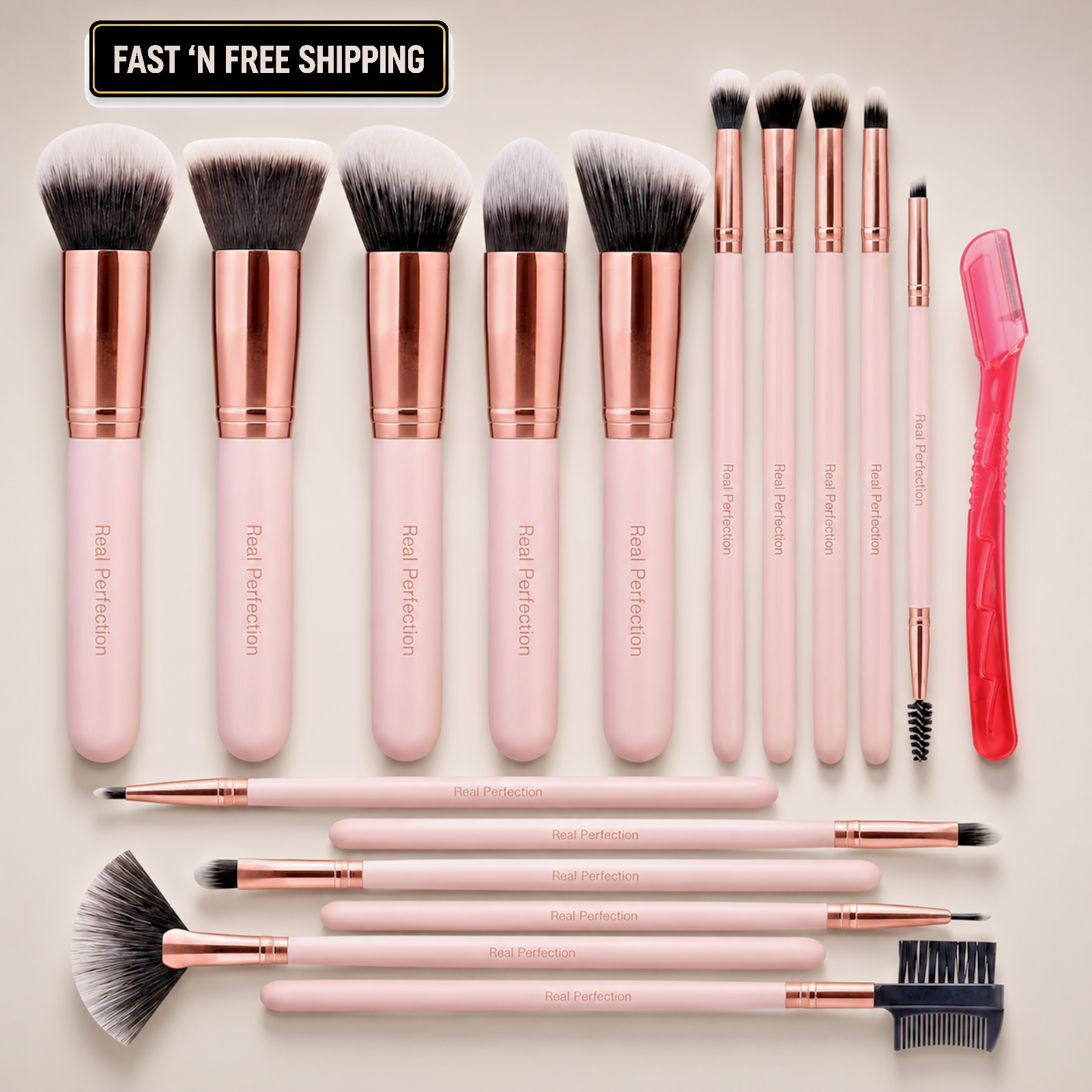 Real Perfection Makeup Brush Set 16 Pcs with 1 Eyebrow Razor Premium Synthetic