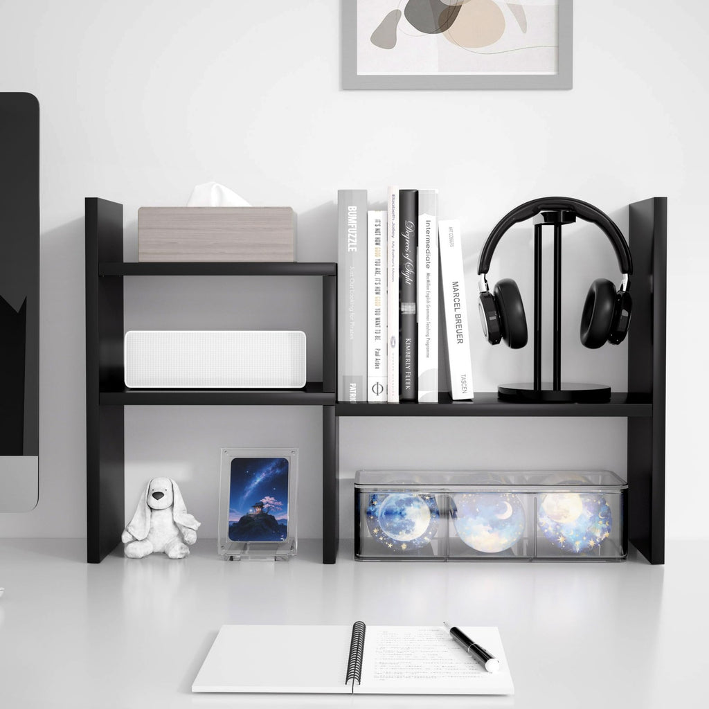Adjustable Desktop Bookshelf Organizer MDF Desk Storage Shelf Black 24-60in