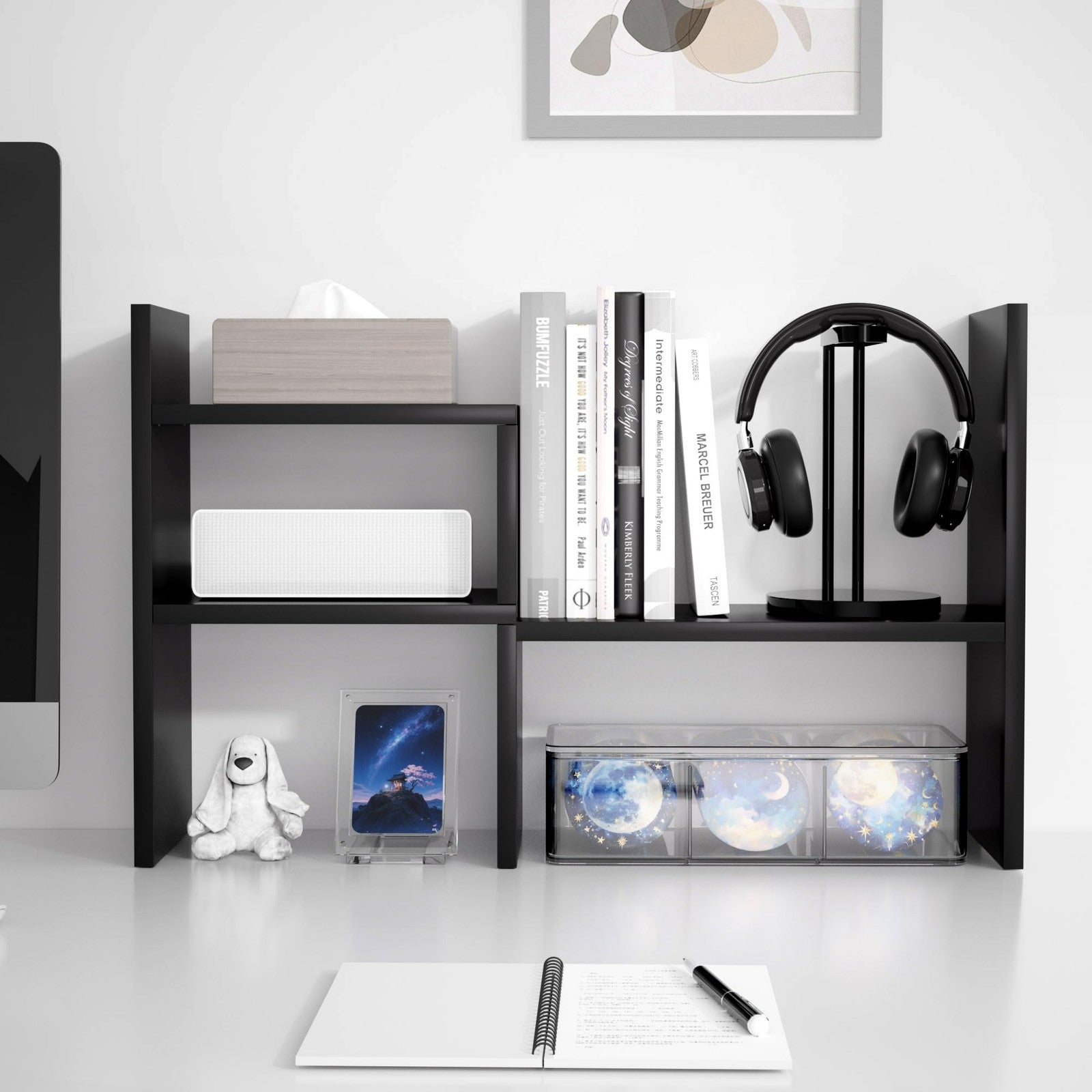 Adjustable Desktop Bookshelf Organizer MDF Desk Storage Shelf Black 24-60in