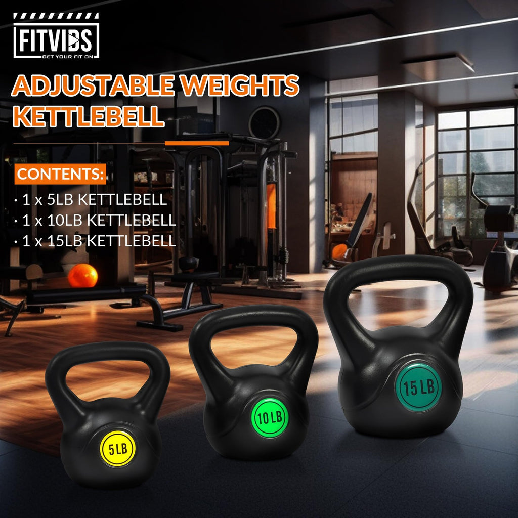 Fitvids Kettlebell Set 3 Piece 5lb 10lb 15lb Weights for Strength Training Home