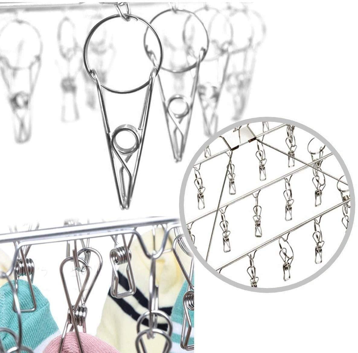 Stainless Steel Sock Drying Rack with 36 Clips, Swivel Hook Wind-Proof - Hanger