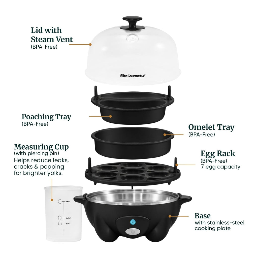 Elite Gourmet Rapid Egg Cooker 7 Egg Boiler Poacher Omelet Maker Black