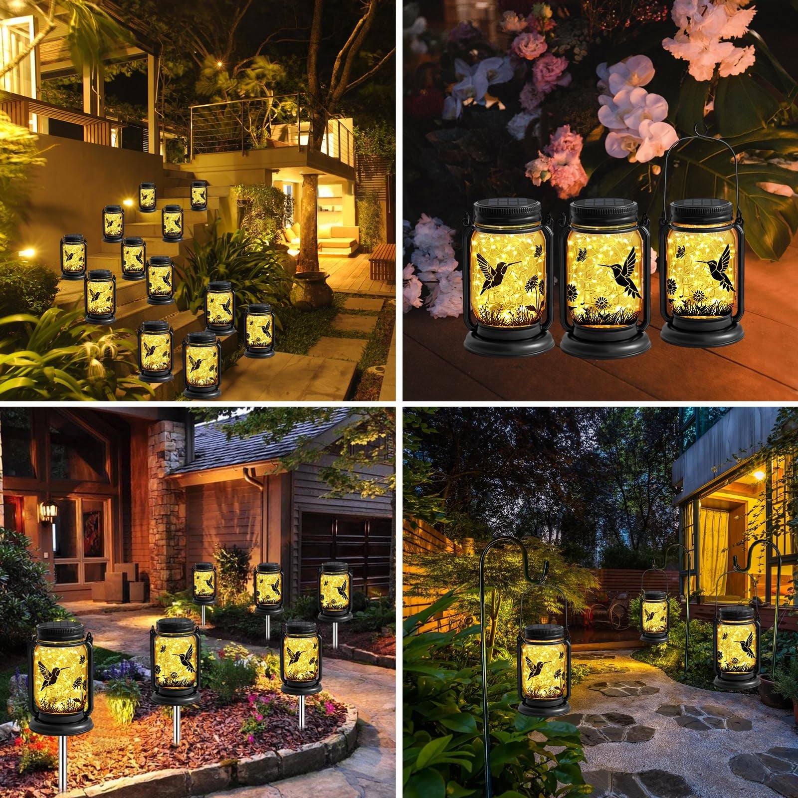 Solar Mason Jar Lantern Waterproof Hummingbird LED Garden Decor Patio Yard