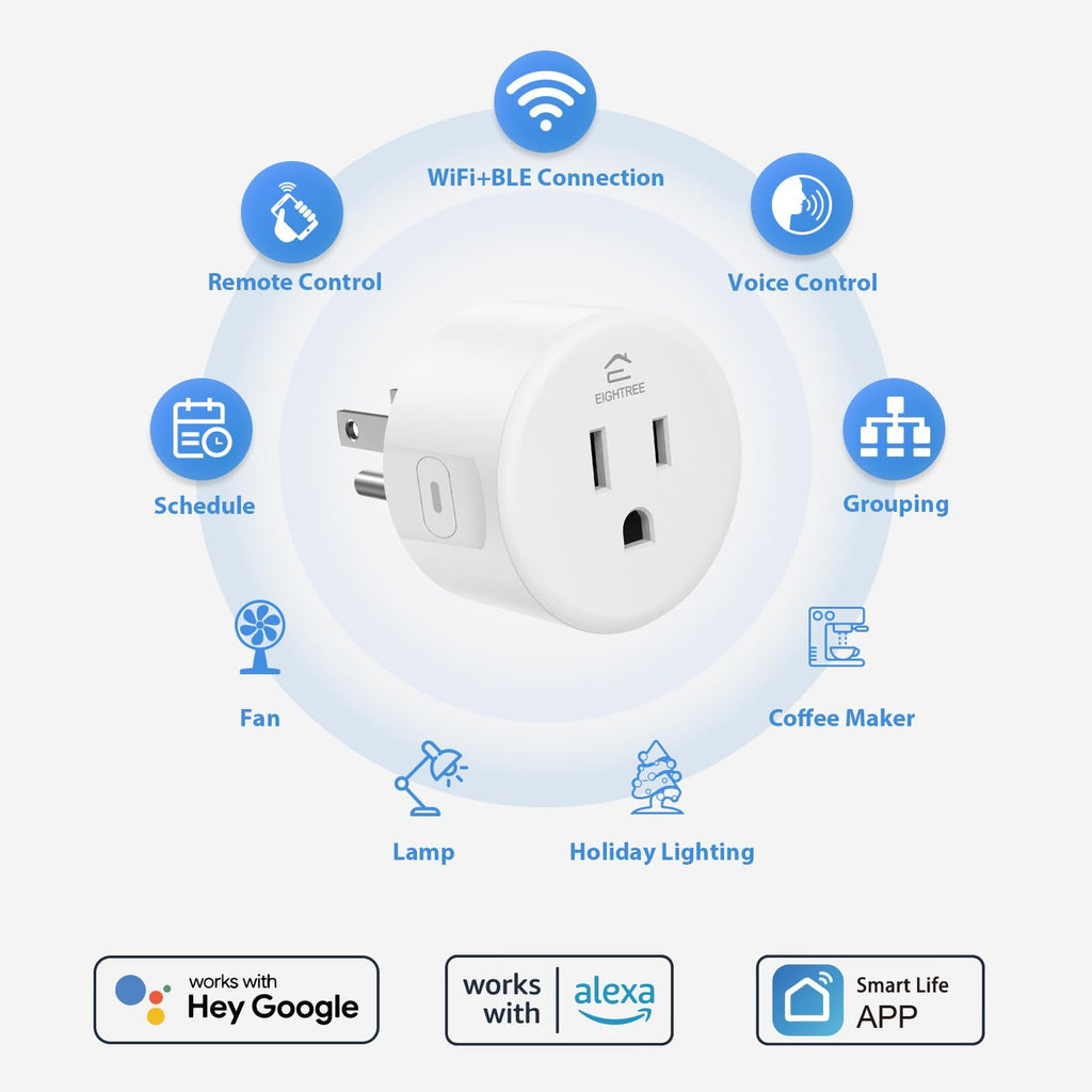 EIGHTREE WiFi Smart Plug 4-Pack 2.4GHz Alexa Google Timer Remote Outlet