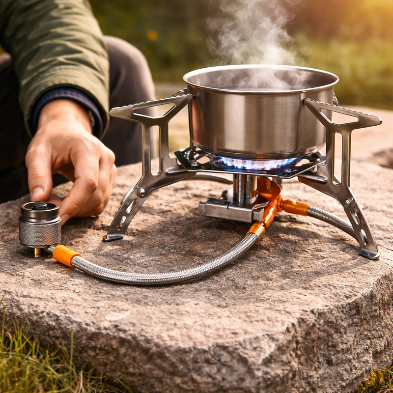 Portable Camping Stove Windproof Piezo Ignition Burner w Adapter Hiking