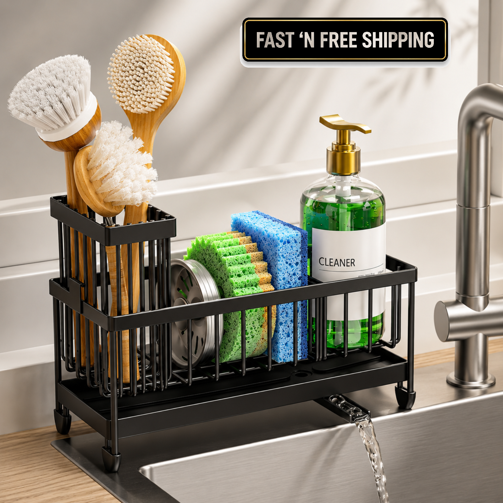 Sponge Holder for Kitchen Sink Caddy Organizer with High Brush Holder Kitchen