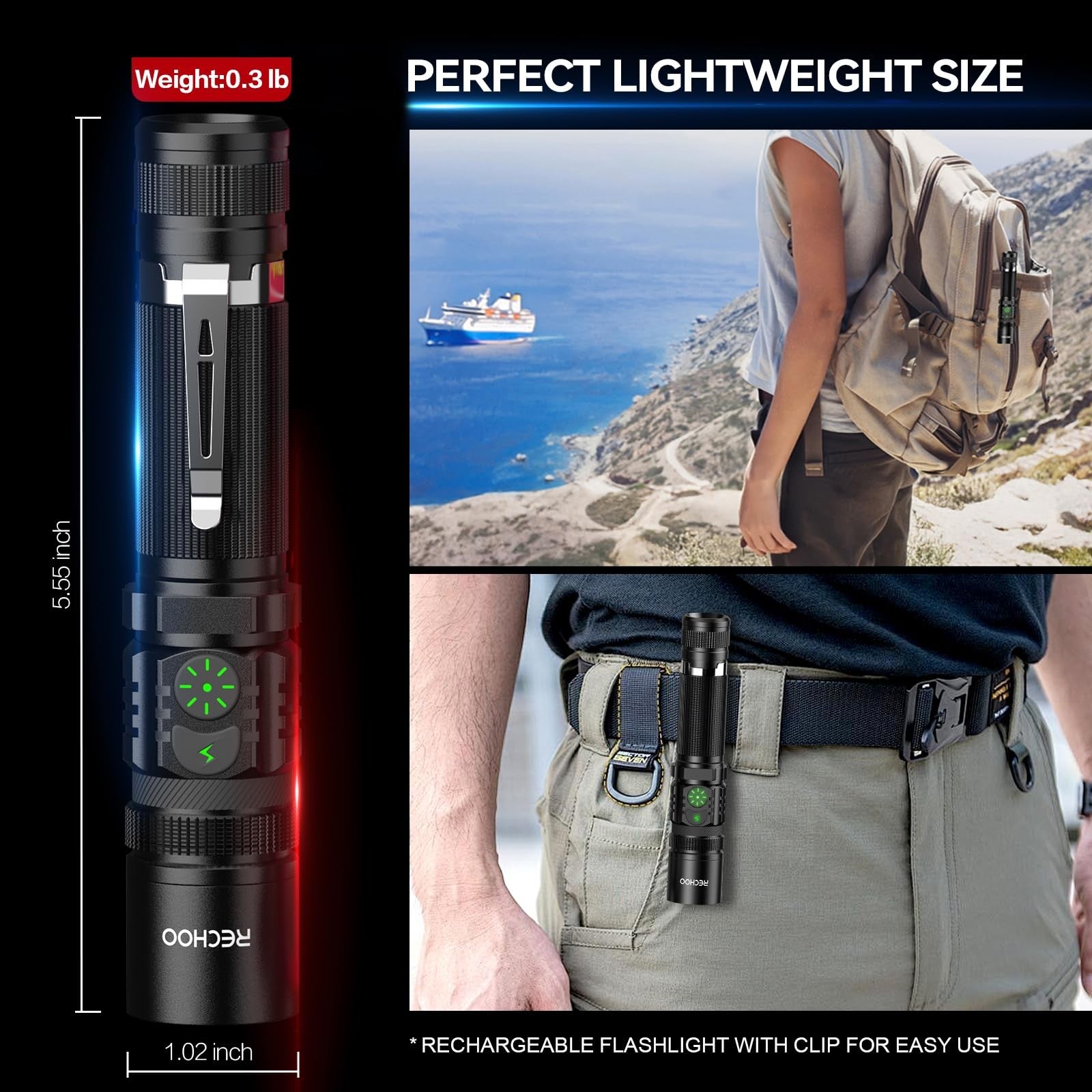 RECHOO Rechargeable LED Flashlight 1000 Lumens 5 Modes Zoom Camping Light