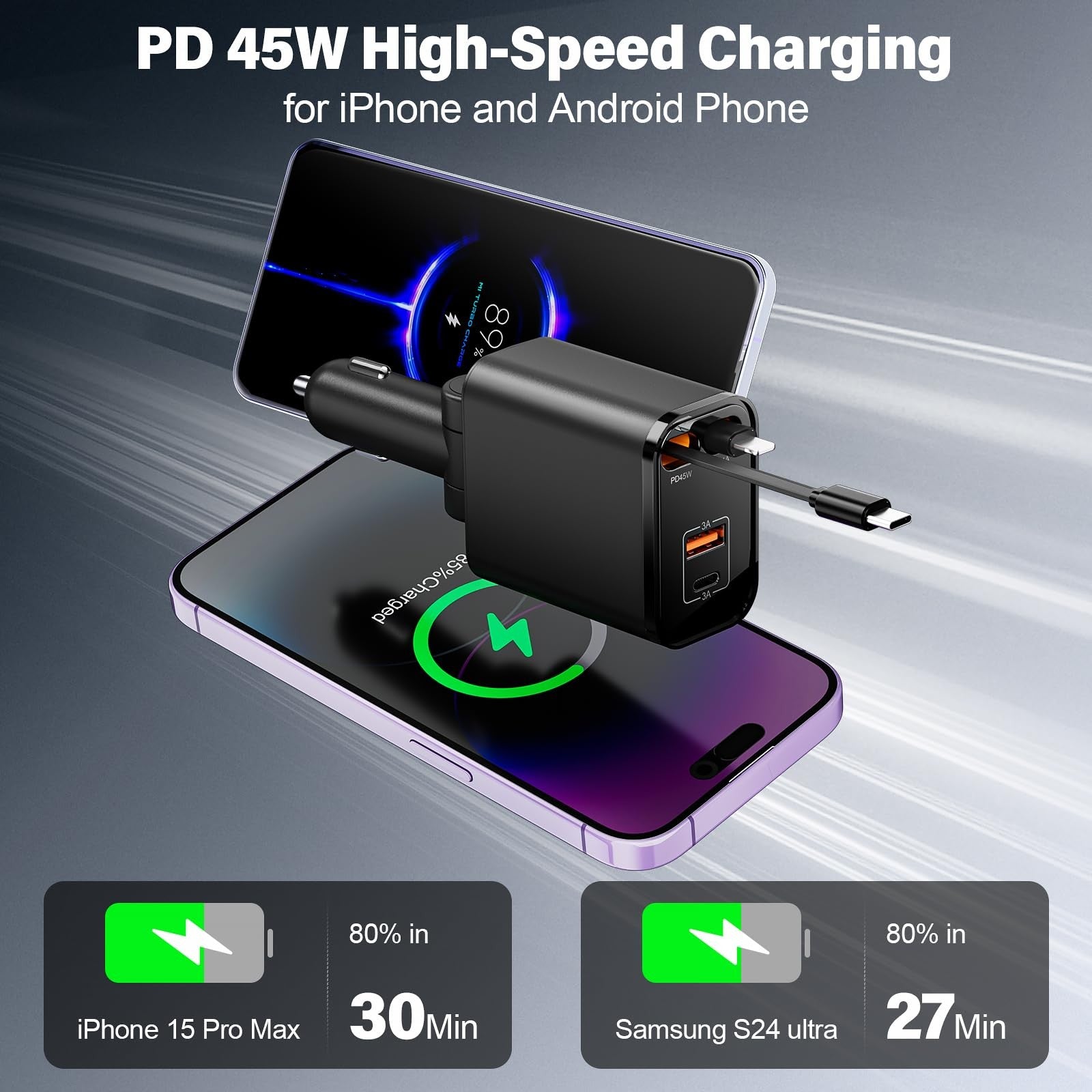 TWYAJYJ Retractable Car Charger USB C 4 in 1 87W Cigarette Lighter Car Phone