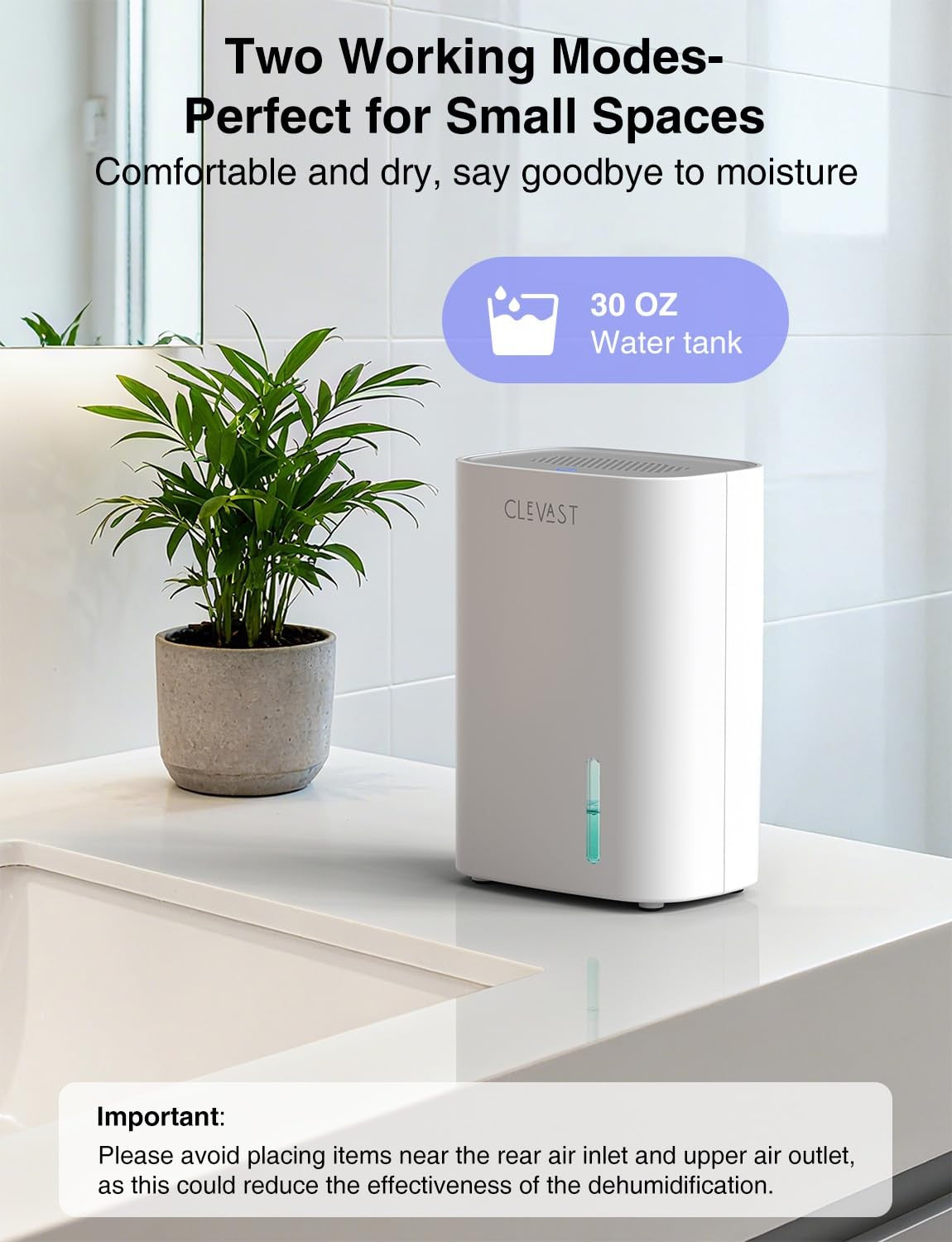 CLEVAST Mini Dehumidifier 30oz Water Tank Quiet Portable Room Dehumidifier