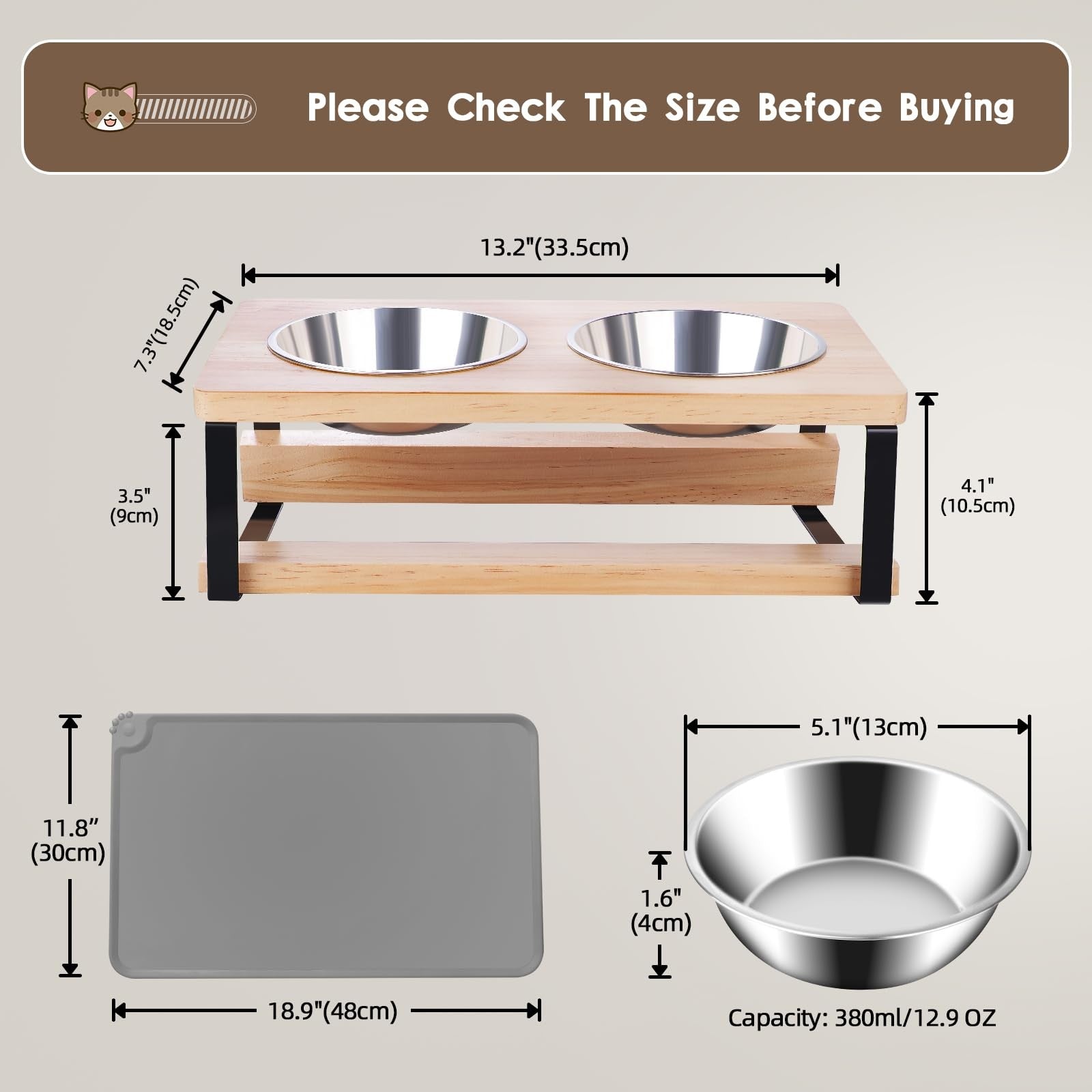 Elevated Cat Bowls 15° Tilted Raised Feeder with Stainless Steel Bowls & Mat