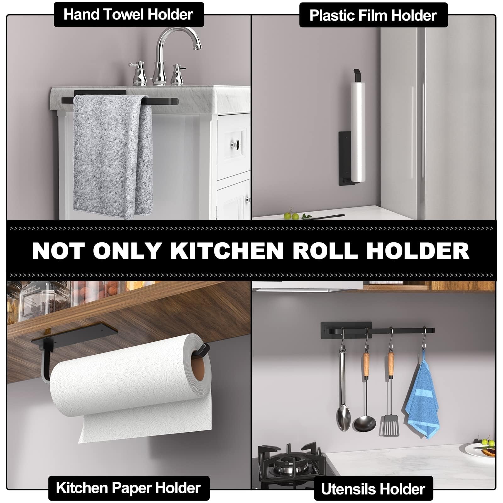 Paper Towel Holder - Self-Adhesive or Drilling, Black, Upgraded Aluminum Kitchen
