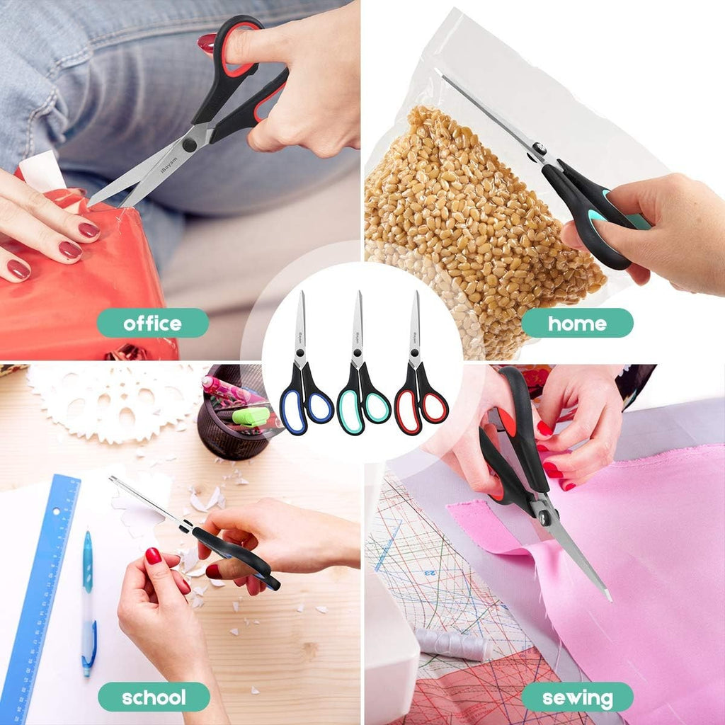 iBayam 3-Pack 8" Heavy Duty Scissors 2.5mm Sharp Blades Comfort Grip