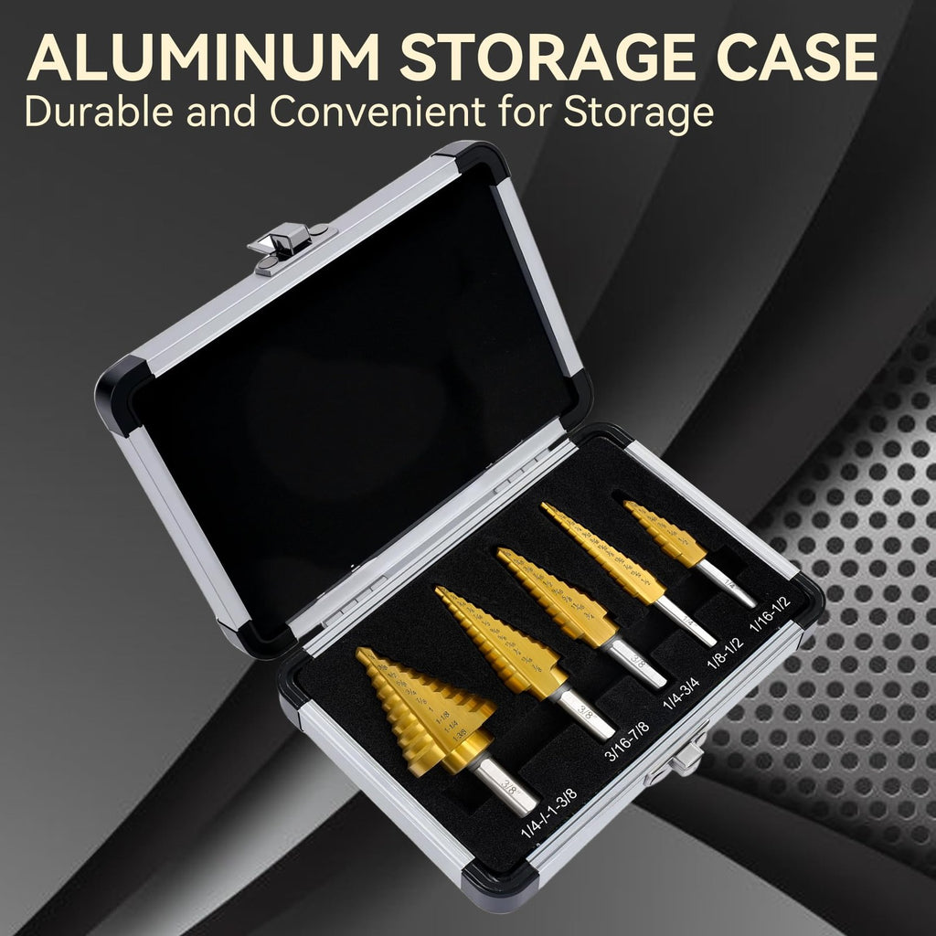 Step Drill Bit Set for Metal- 5PCS Titanium 4241 HSS Step Bit with Two Straight