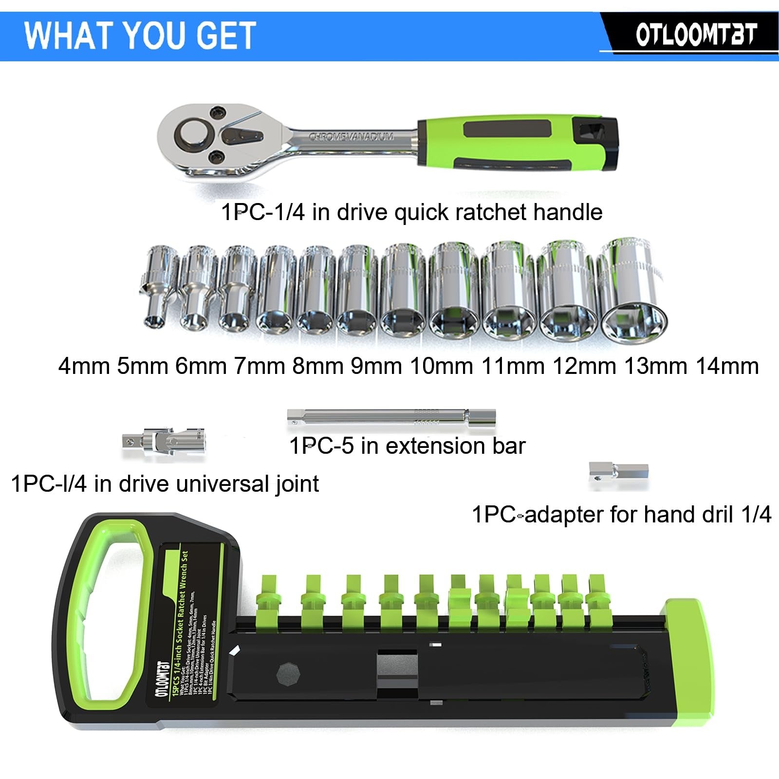 OTLOOMTBT 15pcs 1/4 Inch Drive Ratchet Socket Wrench Set, with Metric 4-14mm