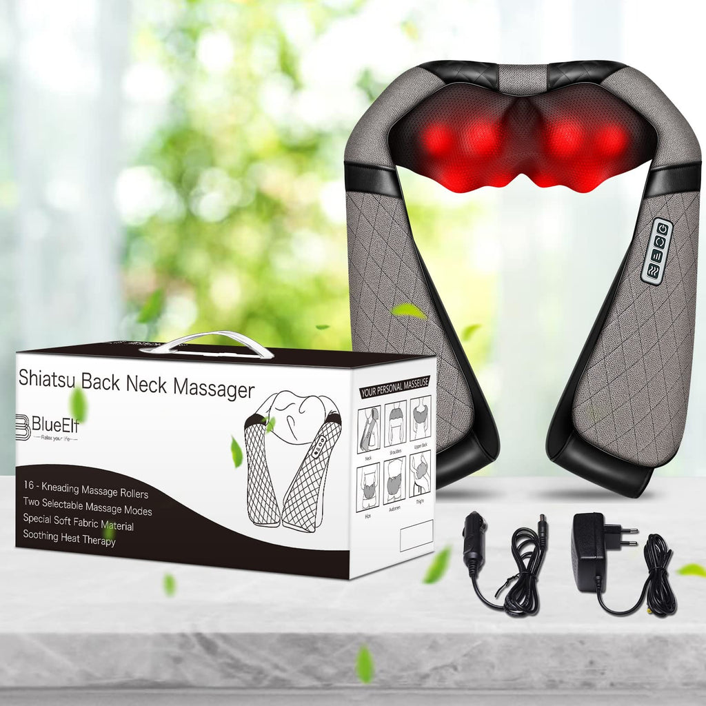 Blue Elf Shiatsu Electric Neck Back Massager Pillow 3D Kneading with Heat