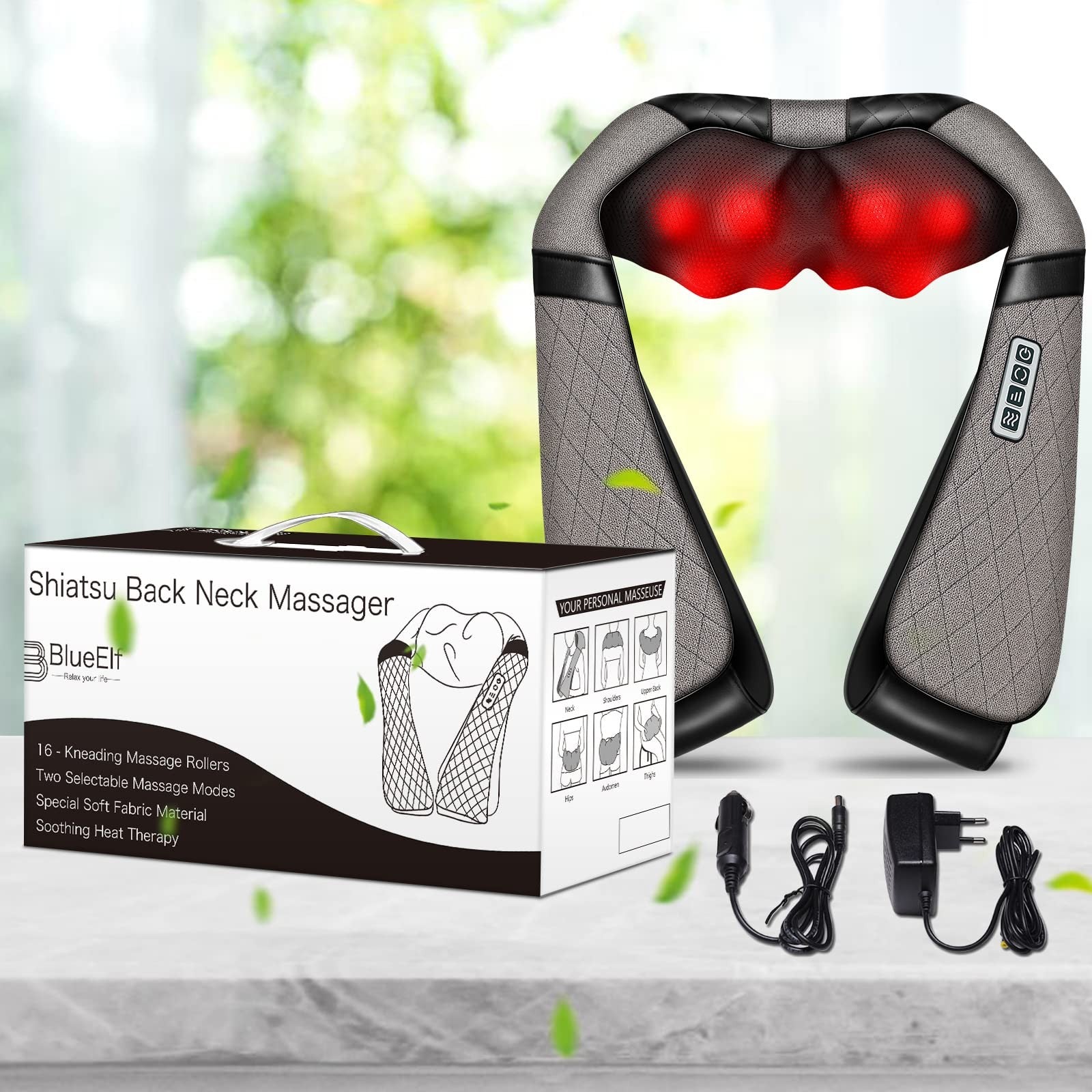 Blue Elf Shiatsu Electric Neck Back Massager Pillow 3D Kneading with Heat