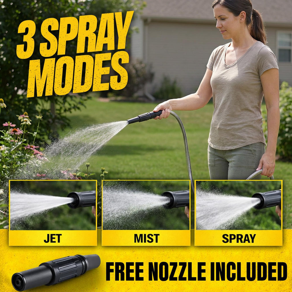 BIONIC STEEL 25 ft x 5/8" Metal Garden Hose w/Sprayer Nozzle 500 PSI SS