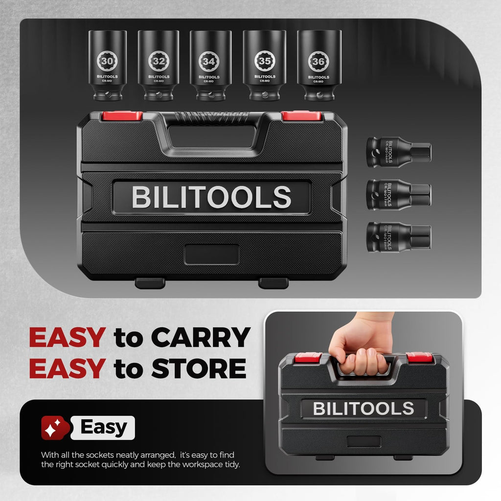 BILITOOLS Axle Nut Socket Set 1/2 Drive 12-Point Deep Impact Sockets 14-36mm 8Pc