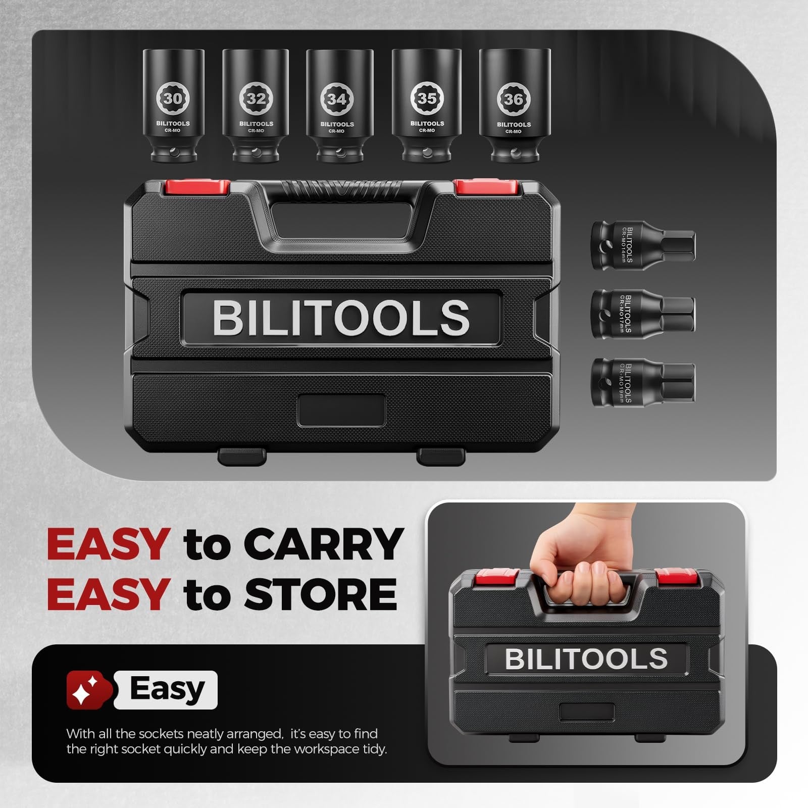 BILITOOLS Axle Nut Socket Set 1/2 Drive 12-Point Deep Impact Sockets 14-36mm 8Pc