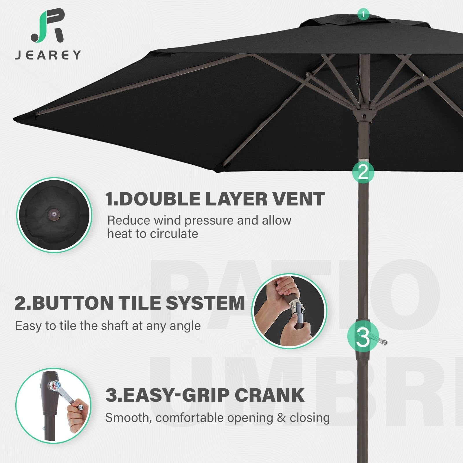 JEAREY 7.5 FT Patio Umbrella Black Tilt Crank 6 Rib Outdoor Market Umbrella