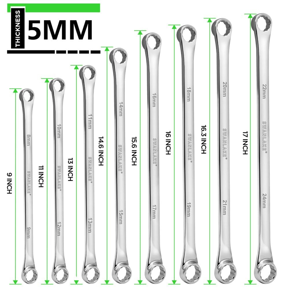 SWANLAKE 8-Pc Extra Long Double Box-End Wrench Set Metric 8-24mm CR-V Steel