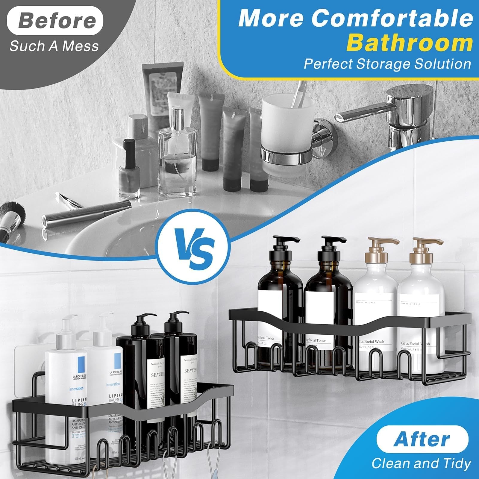 EUDELE 5 Pack Adhesive Shower Caddy Set Stainless Steel No Drill Black Bath