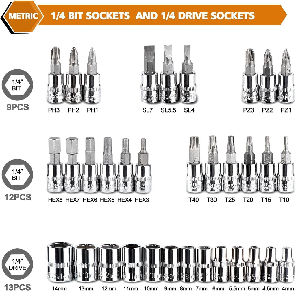 Egofine 46 Pieces 1/4 inch Drive Socket Ratchet Wrench Set, with Bit Socket Set