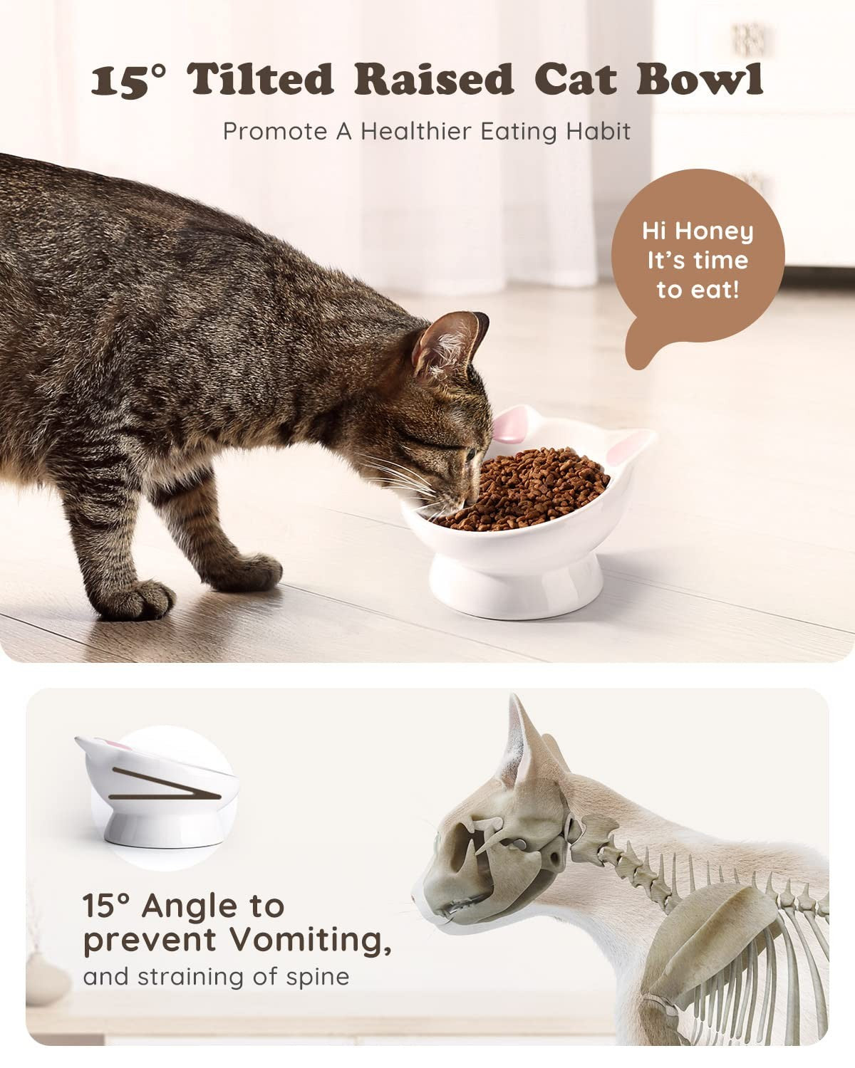 Raised Cat Food Bowl 5oz Ceramic 15° Tilt 5.3in Elevated Pink Kitten Small Dog