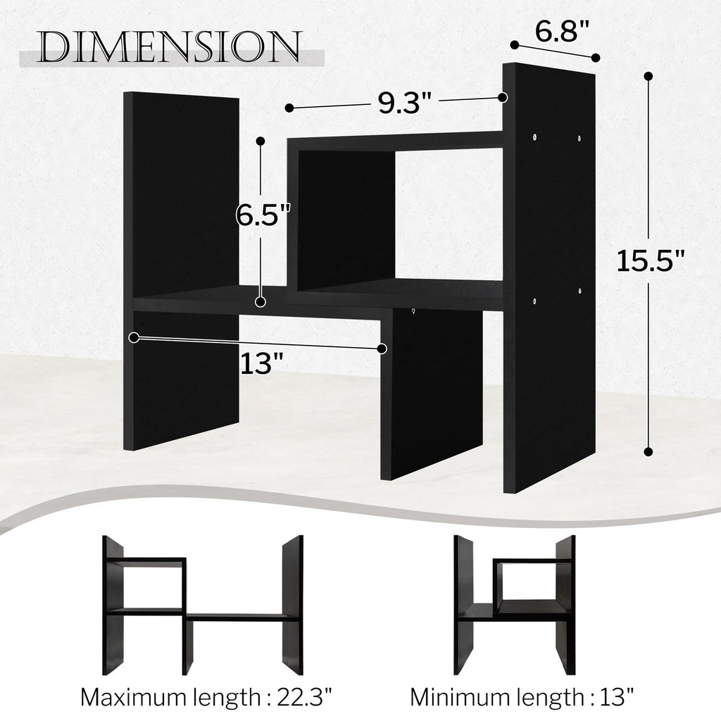 Adjustable Desktop Bookshelf Organizer MDF Desk Storage Shelf Black 24-60in