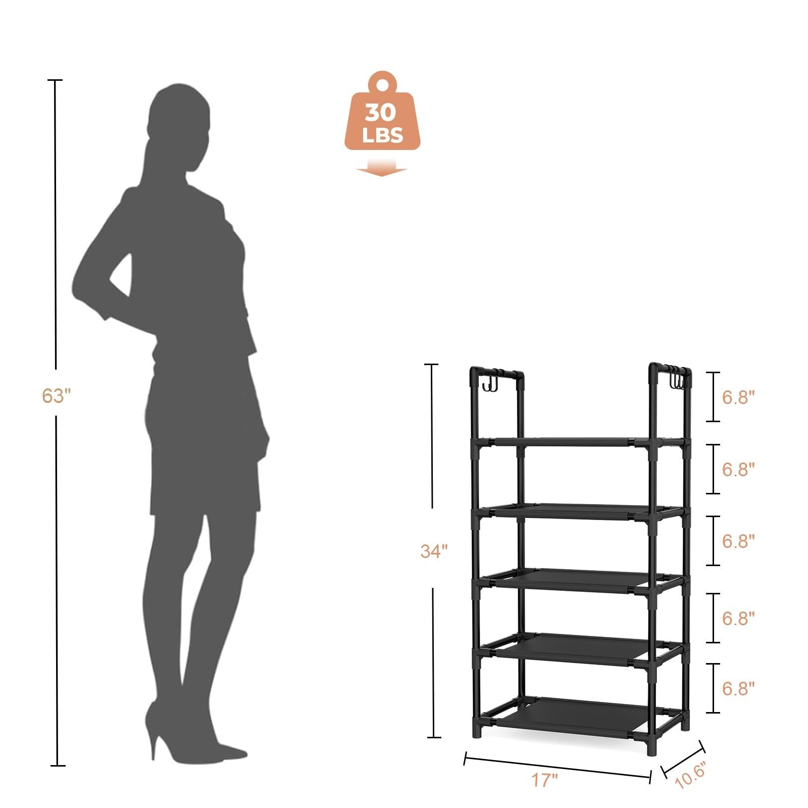 5 Tier Shoe Rack Organizer Narrow Entryway Shoe Shelf Storage with Hooks Black