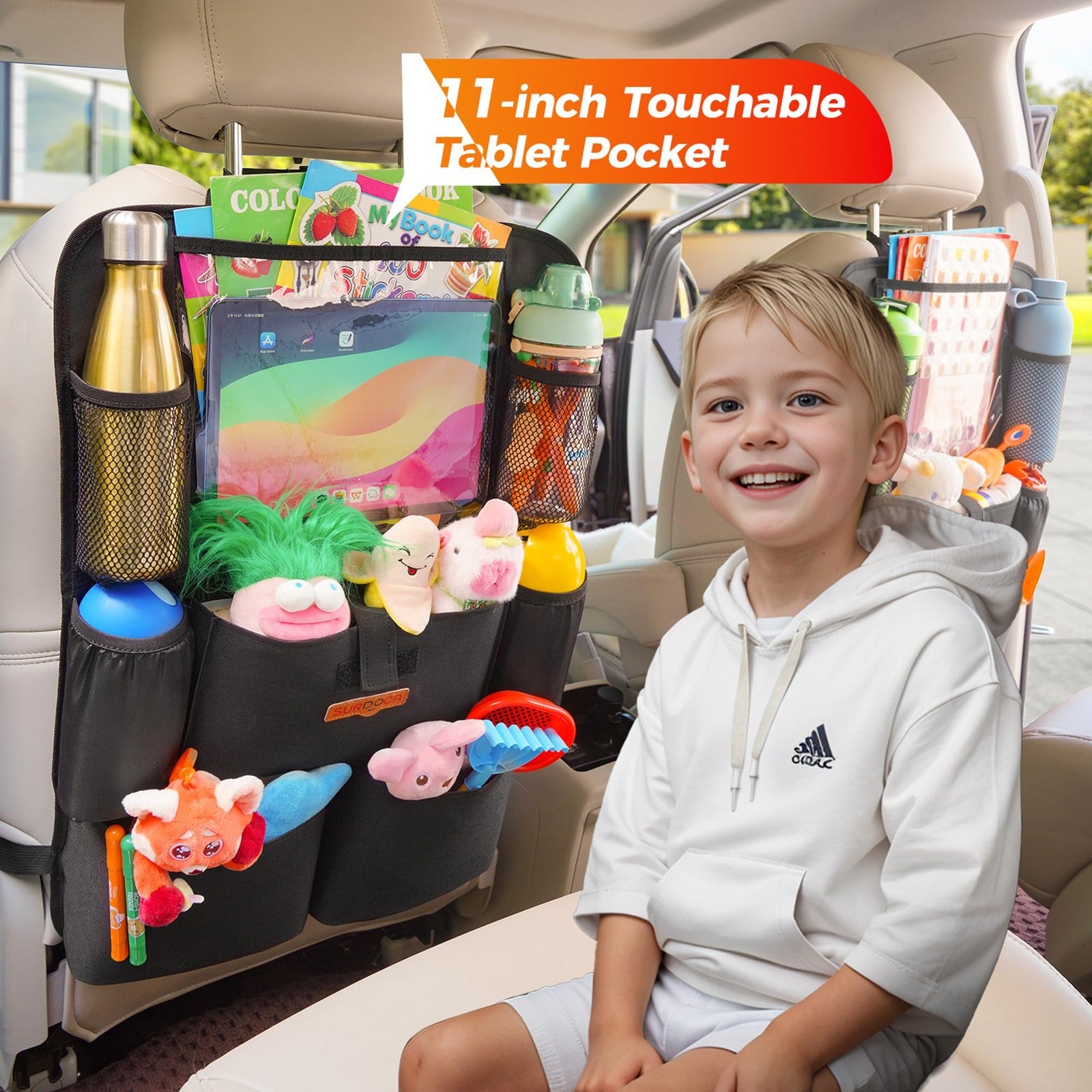 Car seat Organizer with 11-inch Tablet Holder 8 Pockets- Protector for Road Trip