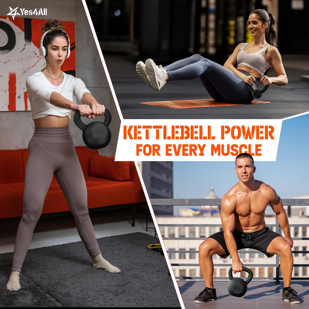 Yes4All Cast Iron Kettlebell Set of 2 15 lb Each 30 lb Total Strength Training