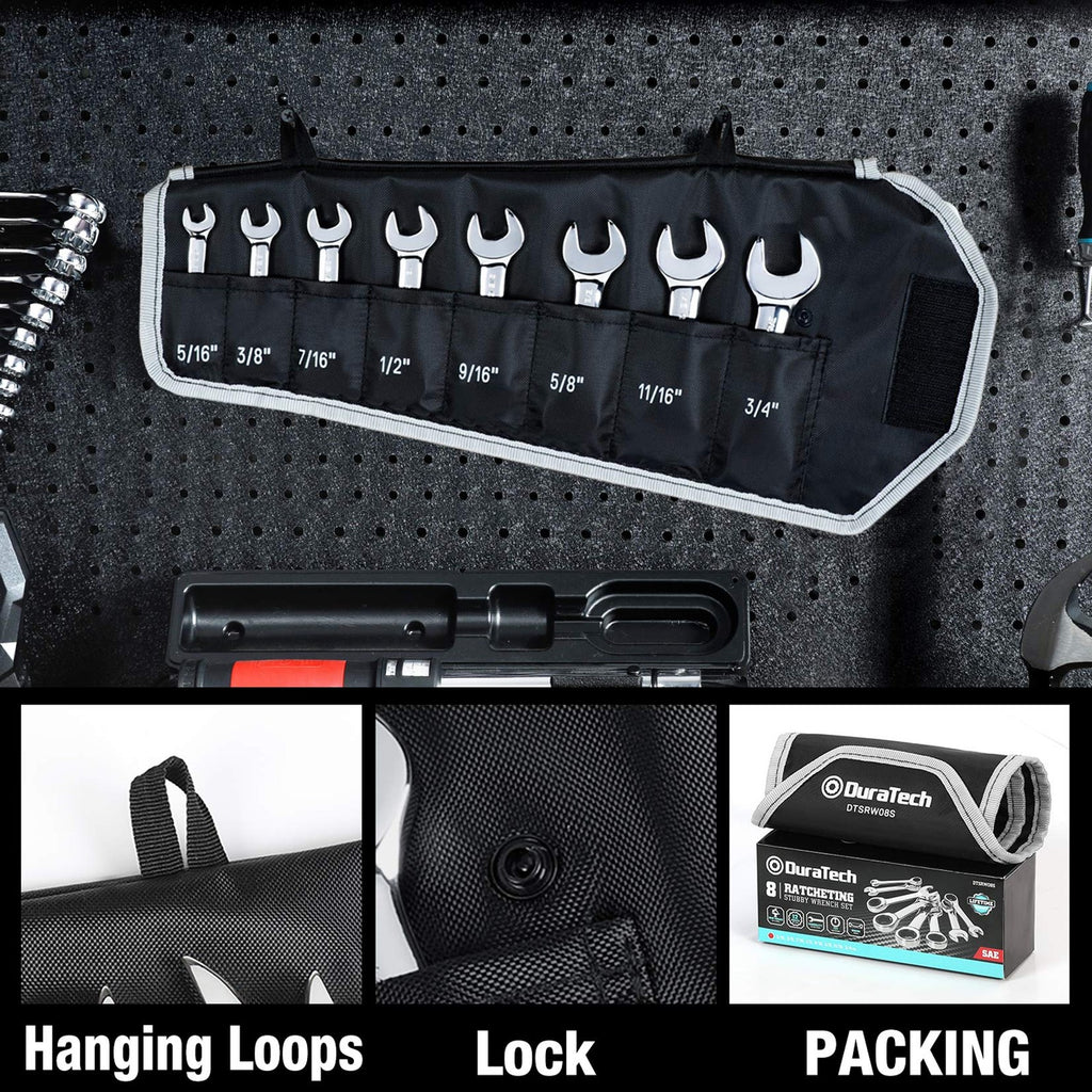 DURATECH 8-Pc SAE Stubby Ratcheting Wrench Set 5/16"-3/4" CR-V w/ Roll Pouch