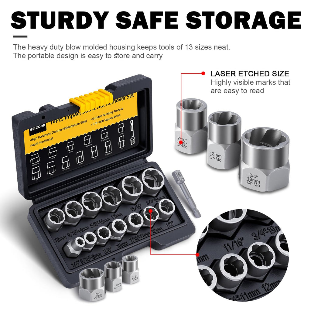 Bolt Extractor Set 14Pc Stripped Bolt Remover Socket Kit for Damaged Nuts