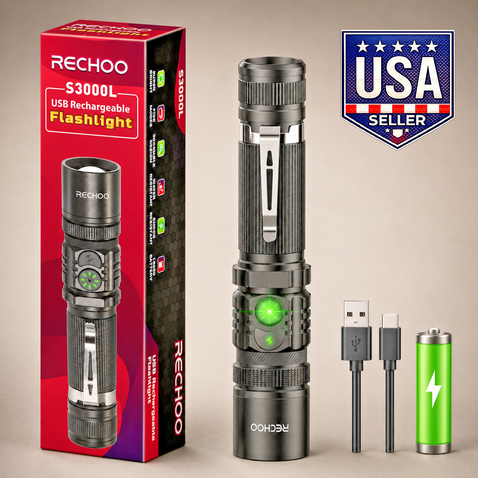 RECHOO Rechargeable LED Flashlight 1000 Lumens 5 Modes Zoom Camping Light