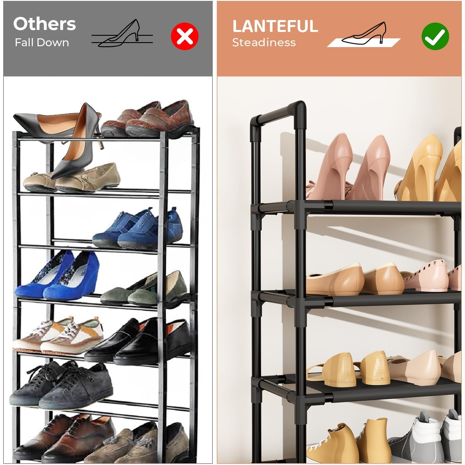 5 Tier Shoe Rack Organizer Narrow Entryway Shoe Shelf Storage with Hooks Black