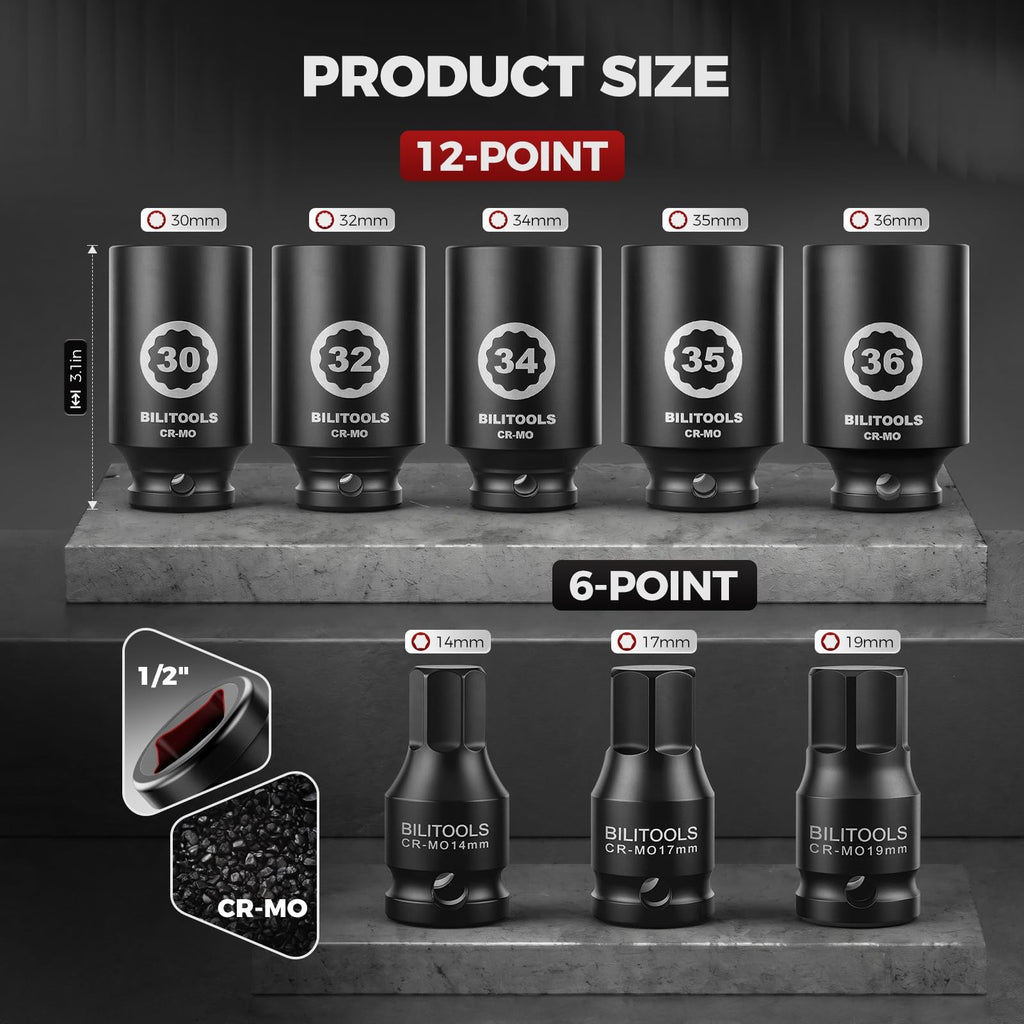 BILITOOLS Axle Nut Socket Set 1/2 Drive 12-Point Deep Impact Sockets 14-36mm 8Pc