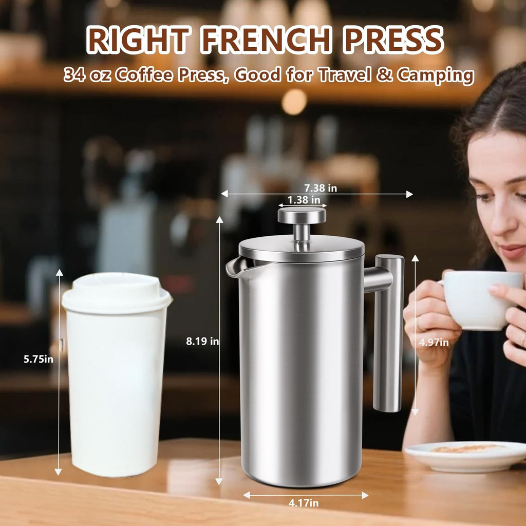 34oz Stainless Steel French Press Double-Wall Insulated 4 Cup Coffee Maker home
