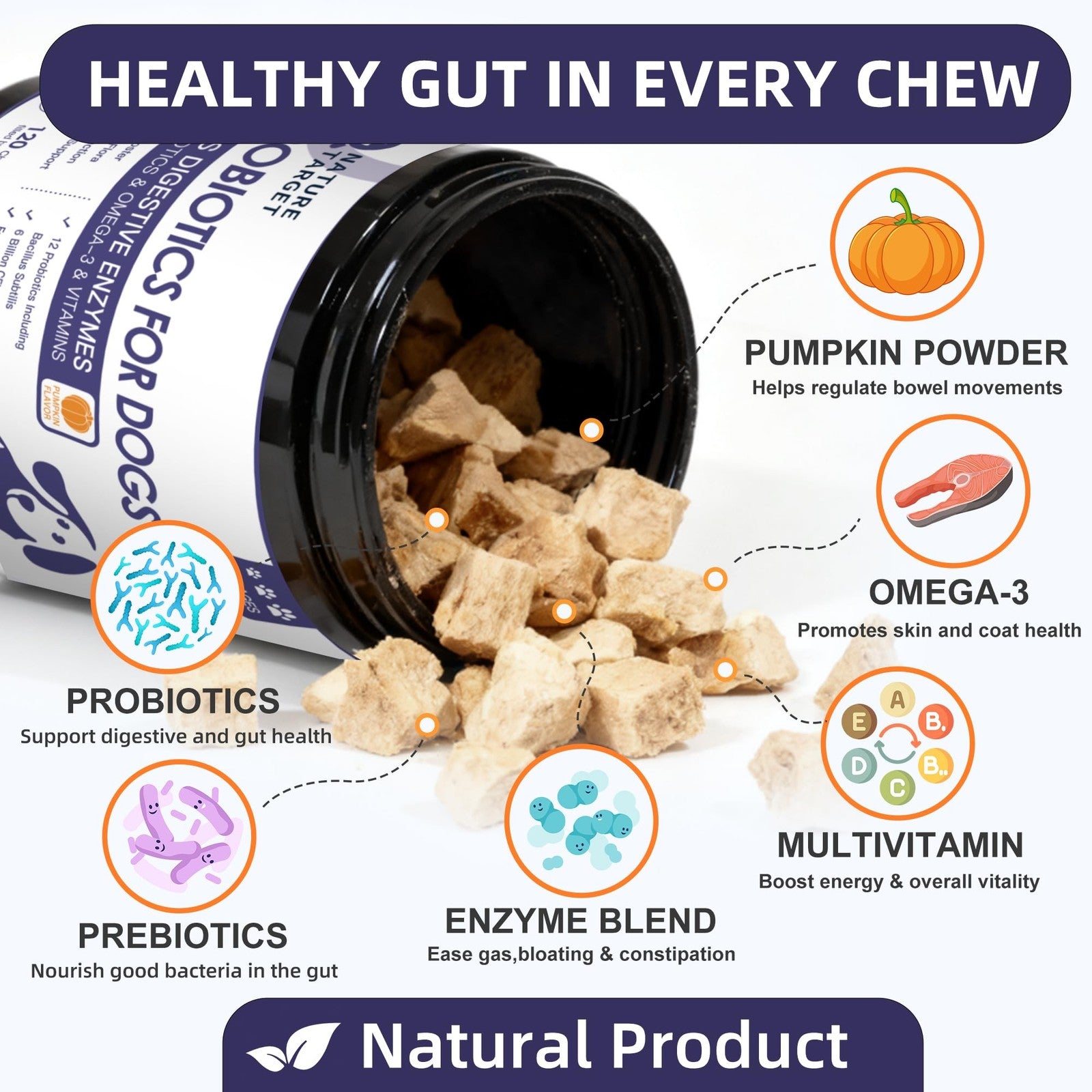 Dog Probiotics Chews 6 Billion CFU Digestive & Gut Health Pumpkin 120ct