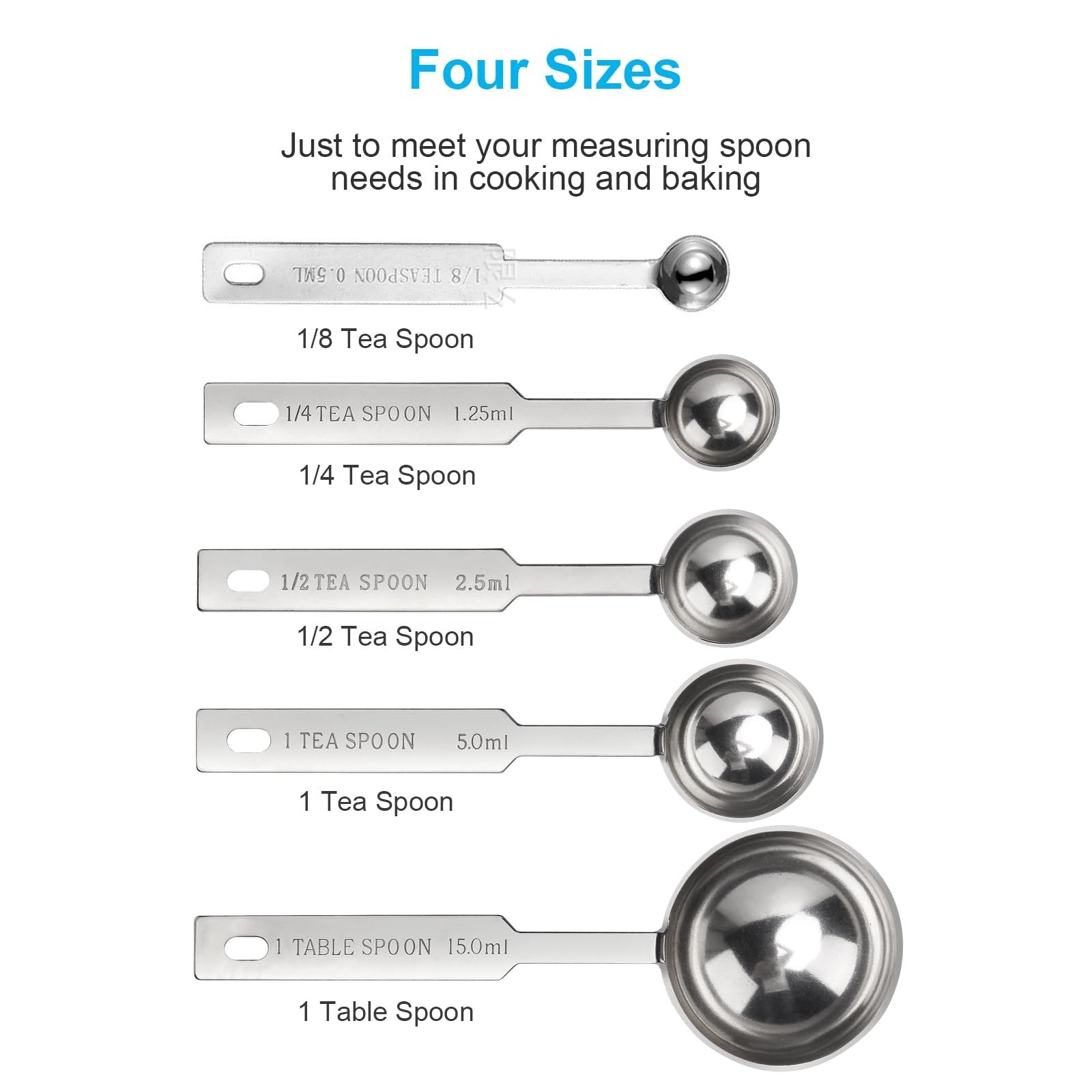 OstWony 5 Pc Stainless Steel Measuring Spoon Set 1/8-1 Tbsp with Storage Ring